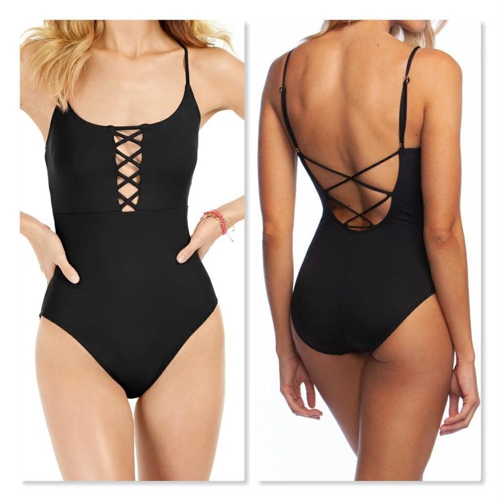 🌴 LA BLANCA 🌴 Island Goddess Laceup Mio One Piece Swimsuit - [Size 6, Black]
